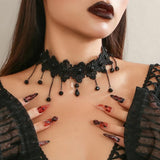Gothic Dark Lace Tassel Pendant Necklace Vintage Hollow Clavicle Chain