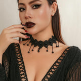 Gothic Dark Lace Tassel Pendant Necklace Vintage Hollow Clavicle Chain