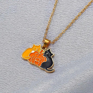 Halloween Two Cats Holding Pumpkin Dripping Necklace Cartoon Enamel Charm