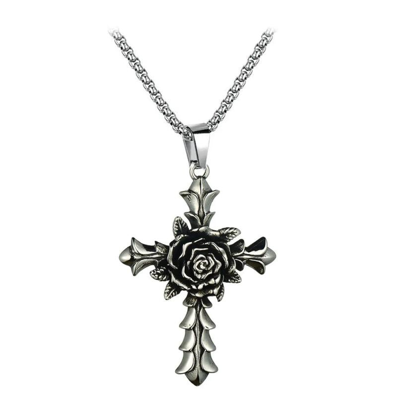 Rose Flower Vintage Stainless Steel Cross Pendant Necklaces for Women Men