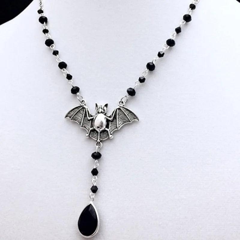Gothic Bat Pendant Necklace Exaggerated Crystal Choker Jewelry