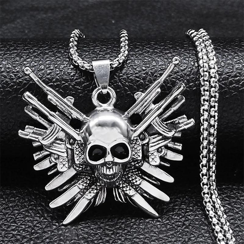 Skull Skeleton Gun Pendant Necklace Men's Hip Hop Jewelry