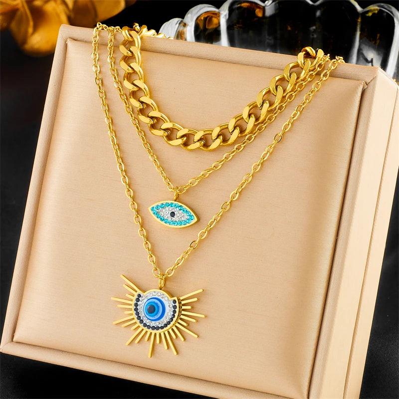 MEYRROYU316L Devil's Eye 3-Layer Rhinestone Necklace Halloween