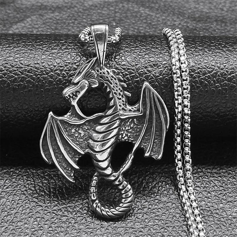 Viking Dragon Wing Pendant Necklace Stainless Steel Punk Goth Jewelry