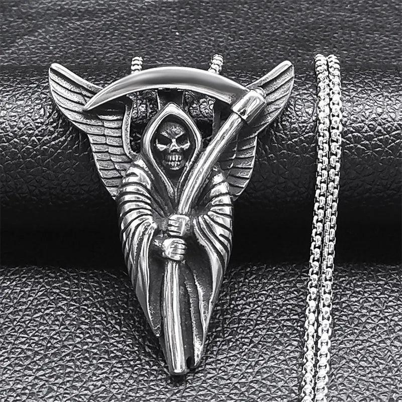 Goth Grim Reaper Death God Skull Necklace for Men Stainless Steel