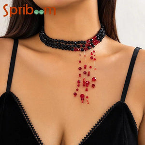 Red Crystal Tassel Pendant Gothic Necklace Multi-Layer Chain for Women