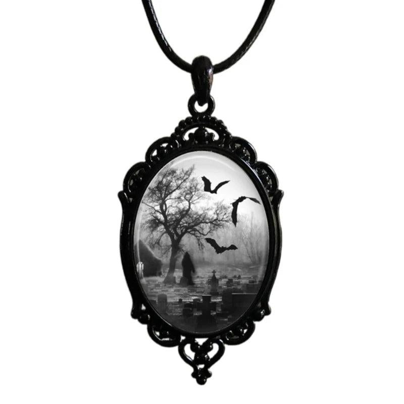 F19D Bat Cemetery Glass Pendant Necklace Punk Choker Necklace