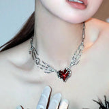 Punk Red Heart Pendant Necklace Hip Hop Hand Chain Choker Y2k Jewelry