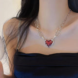 Punk Red Heart Pendant Necklace Hip Hop Hand Chain Choker Y2k Jewelry