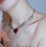 Punk Red Heart Pendant Necklace Hip Hop Hand Chain Choker Y2k Jewelry