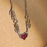 Punk Red Heart Pendant Necklace Hip Hop Hand Chain Choker Y2k Jewelry