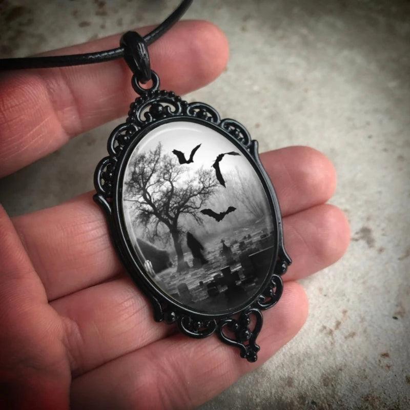 Bat Cemetery Glass Pendant Necklace Halloween Gothic Choker