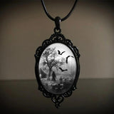 Bat Cemetery Glass Pendant Necklace Halloween Gothic Choker