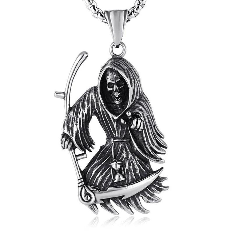 Stainless Steel Gothic Death God Skull Grim Reaper Pendant Necklace Men Women