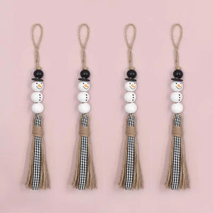 2Pcs Snowman Wooden Beads Tassel Pendant DIY Christmas Party Decoration