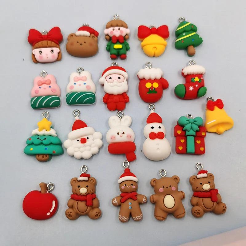 10pcs Christmas Charms Pendant Snowman Bear Gift Rabbit Santa DIY Keychain