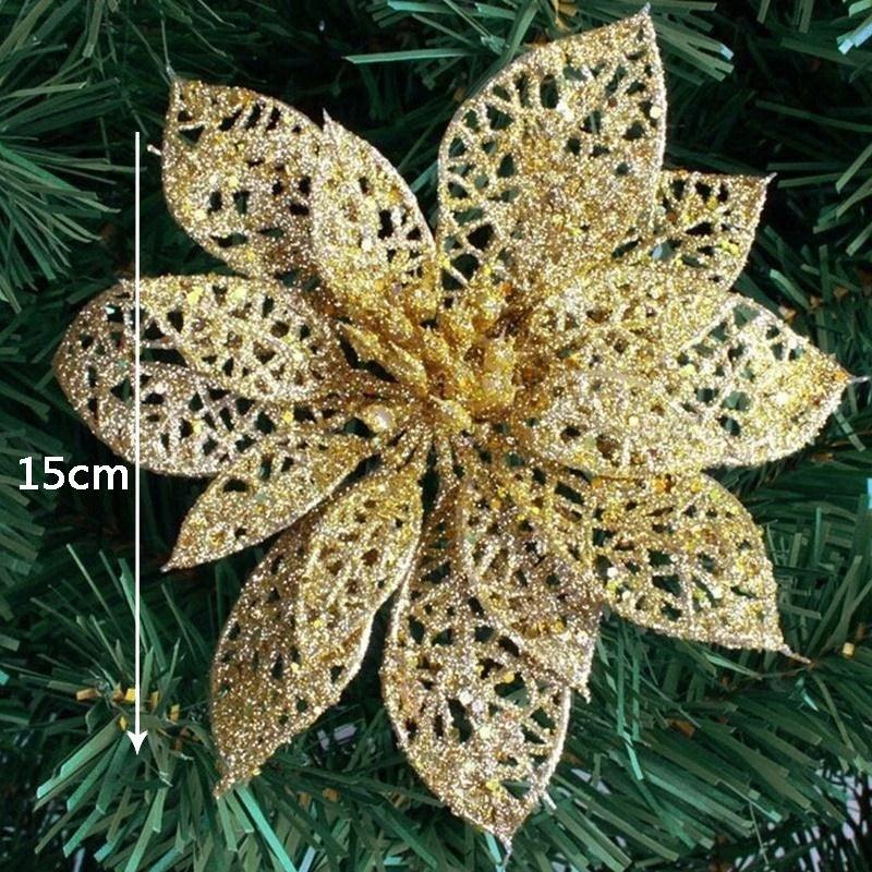 10Pcs Glitter Artificial Flowers Christmas Tree Ornaments Decorations