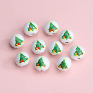 20Pcs 16mm Christmas Tree Hemu Printing Wooden Beads Xmas Decorations