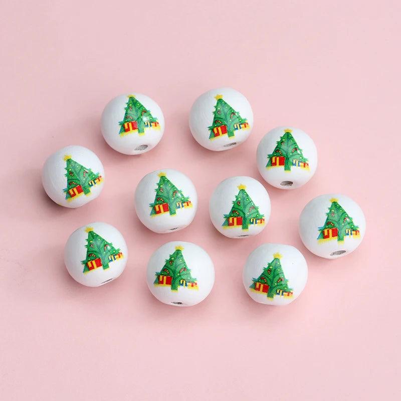 20Pcs 16mm Christmas Tree Hemu Printing Wooden Beads Xmas Decorations