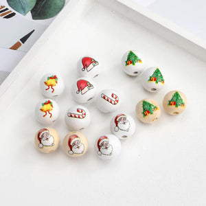 20Pcs 16mm Christmas Tree Hemu Printing Wooden Beads Xmas Decorations