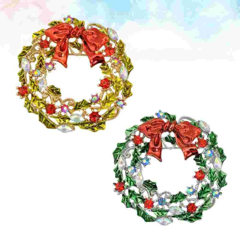 2 PCS Green Corsage Christmas Lapel Pin Brooch Wreath Alloy Garland Shaped