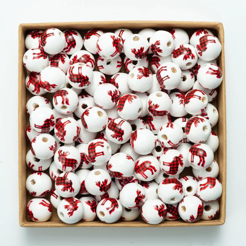 20 Pcs Red Lattice Christmas Tree Elk Wooden Beads DIY Decoration Crafts Jewelry