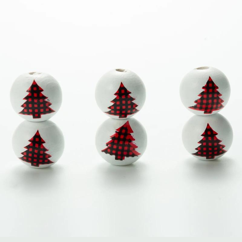 20 Pcs 16mm Red Lattice Christmas Tree Elk Wooden Beads DIY Custom Decoration