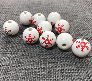 16mm DIY Wood Beads Round Balls Kids Christmas Snowflake Colorful Decoration