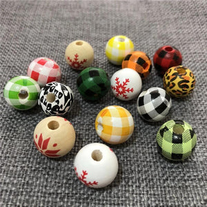 16mm DIY Wood Beads Round Balls Kids Christmas Snowflake Colorful Decoration