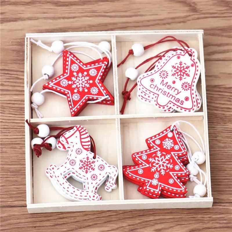 12Pcs Christmas Snowflakes Wooden Pendants Xmas Tree Ornaments Home Decor