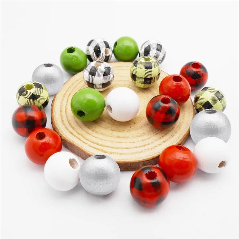 70PCS Christmas Wooden Beads Mix Wood Plaid Deer Green Red Spacer Jewelry Decor