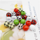 70PCS Christmas Wooden Beads Mix Wood Plaid Deer Green Red Spacer Jewelry Decor