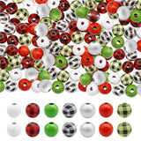 70PCS Christmas Wooden Beads Mix Wood Plaid Deer Green Red Spacer Jewelry Decor