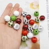 70PCS Christmas Wooden Beads Mix Wood Plaid Deer Green Red Spacer Jewelry Decor