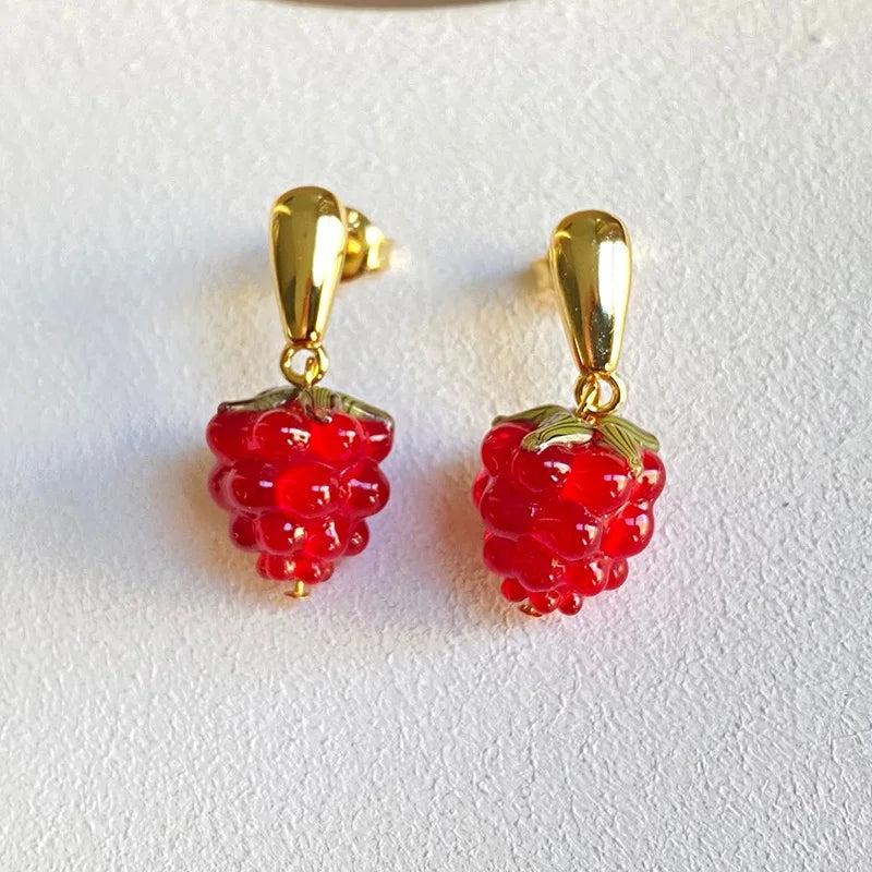 Small Raspberry Earrings French Winter Red Christmas Stud Earrings