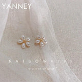YANNEY Silver Pearl Sun Flower Stud Earrings Women Girls Jewelry