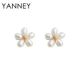 YANNEY Silver Pearl Sun Flower Stud Earrings Women Girls Jewelry