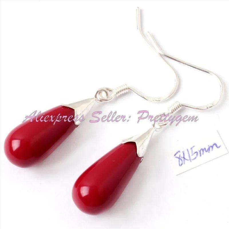 Coral Red Olivary Stone Earrings Tibetan Silver Hook Style