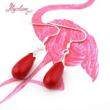 Coral Red Olivary Stone Earrings Tibetan Silver Hook Style