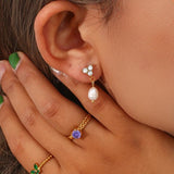 18K Plated Mini Lotus Freshwater Pearl Stud Earrings Christmas Green CZ Lady