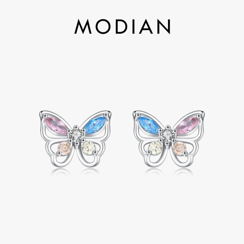925 Silver Rainbow Zirconia Stud Earrings Hollow Butterfly Fine Jewelry