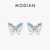 925 Silver Rainbow Zirconia Stud Earrings Hollow Butterfly Fine Jewelry