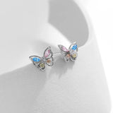 925 Silver Rainbow Zirconia Stud Earrings Hollow Butterfly Fine Jewelry