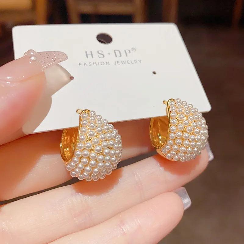 14K Plated Pearl Hoop Earrings - Christmas Party Accessory