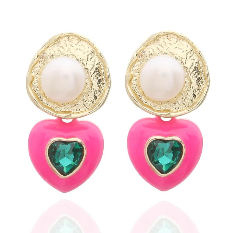 Rose Pink Heart Dangle Earrings with Freshwater Pearls