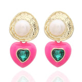 Rose Pink Heart Dangle Earrings with Freshwater Pearls
