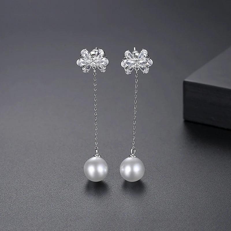 Long Drop Earring Bow Knot CZ Cubic Zircon Jewelry Pearl Tassel Earrings