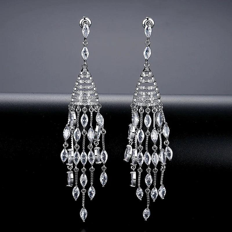 Geometric CZ Drop Earrings Long Tassel Bridal Party Jewelry
