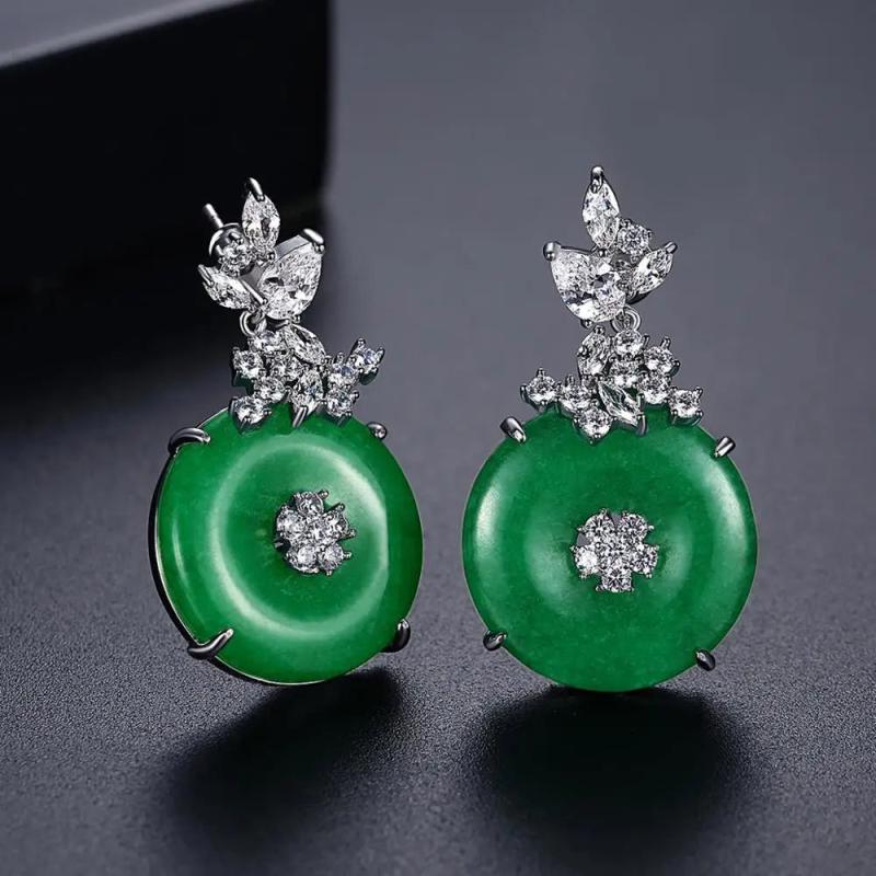 Green Stone Drop Earrings Cubic Zircon Coin Circle Jewelry