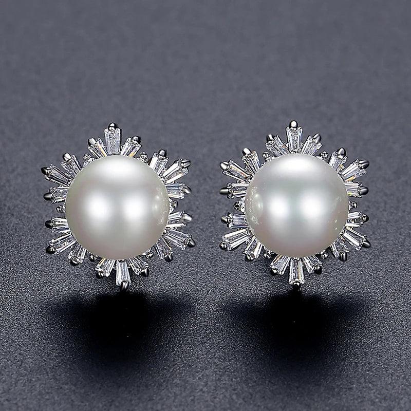 Snowflake CZ Pearl Stud Earrings for Women Wedding Bridal Jewelry